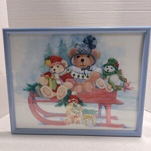 Vintage Christmas Cross-stitch Framed Craft Art! Santa Bears, Presents &…